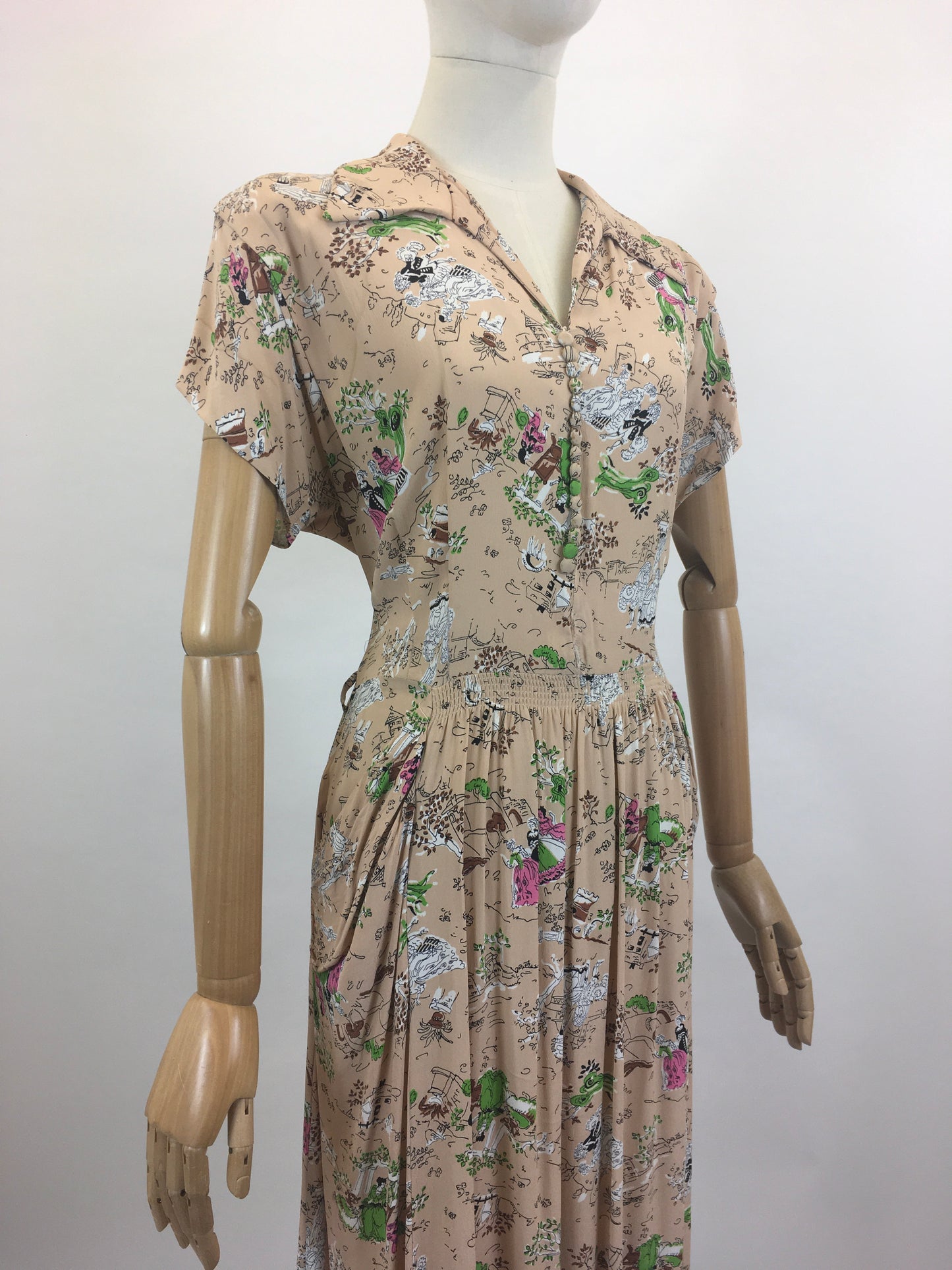 Original 1940's Beautiful Novelty Print Dress -  characters and buildings
