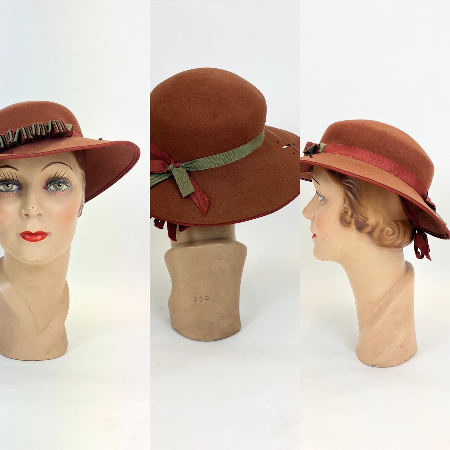 Original 1940's Delightful felt hat with contrast colouring - Rust and Sage Green