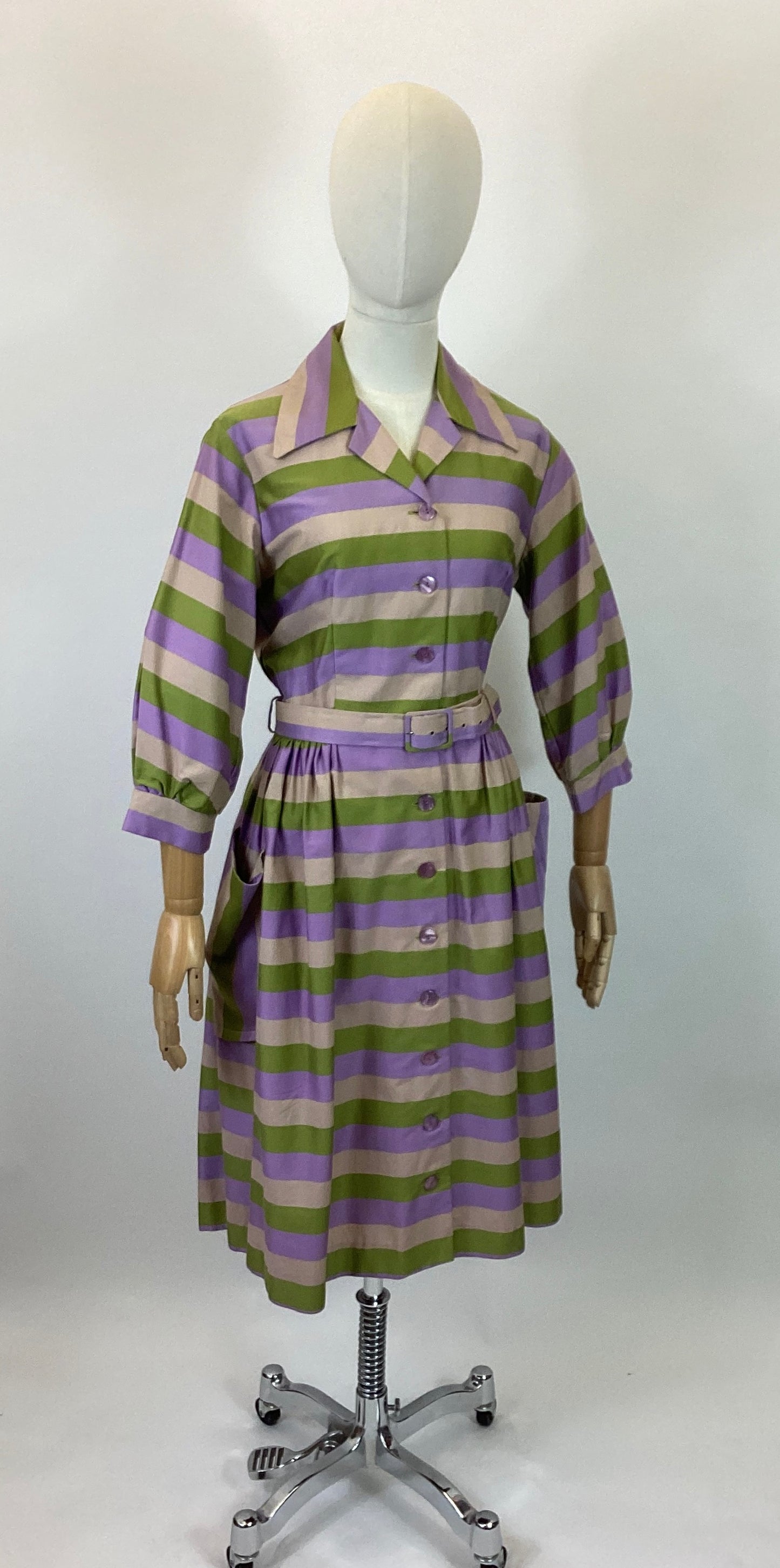 Original 1950’s Beautiful Shirtwaister dress - striped lilac, green and mushroom colourway