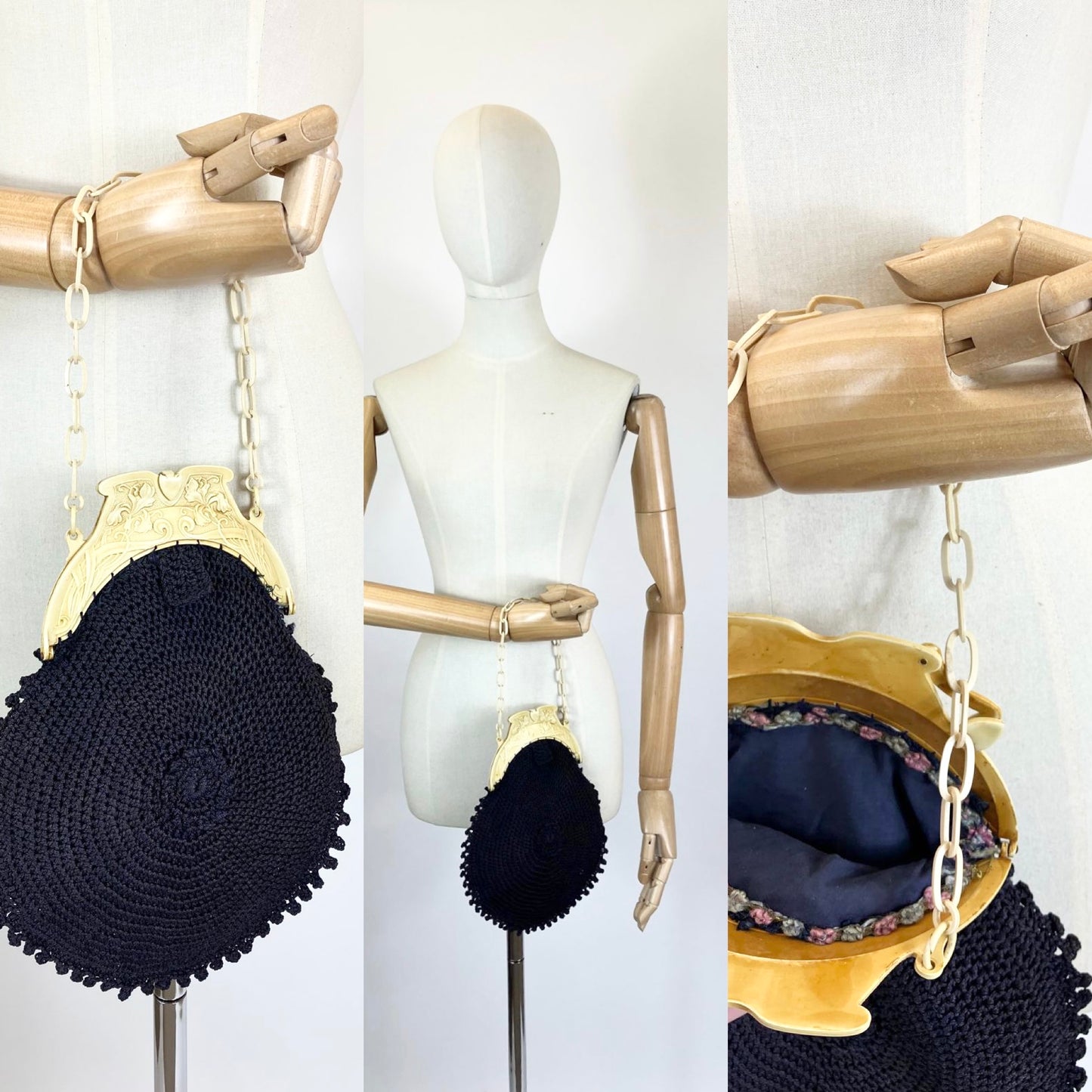 Original Early 1920's Crochet Handbag - Navy
