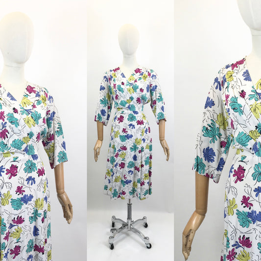 Original late 40’s/ early 50’s Novelty Print Dress - Teal, Fuschia , Chartreuse , Petrol Blue flowers and Butterflies.