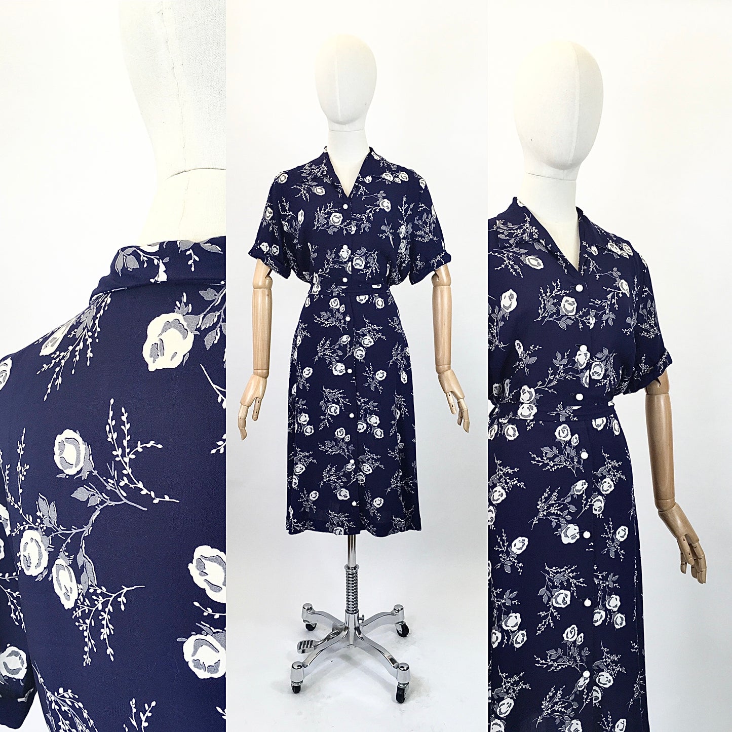 Original 1940’s Floral Cotton Shirtwaister dress - In hues of Cream and grey flowers