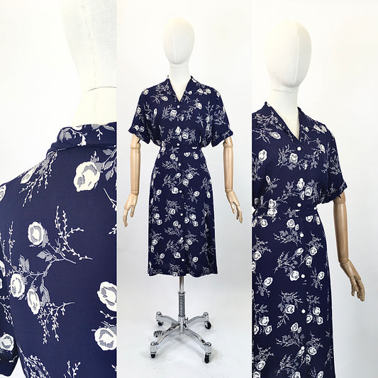 Original 1940’s Floral Cotton Shirtwaister dress - In hues of Cream and grey flowers