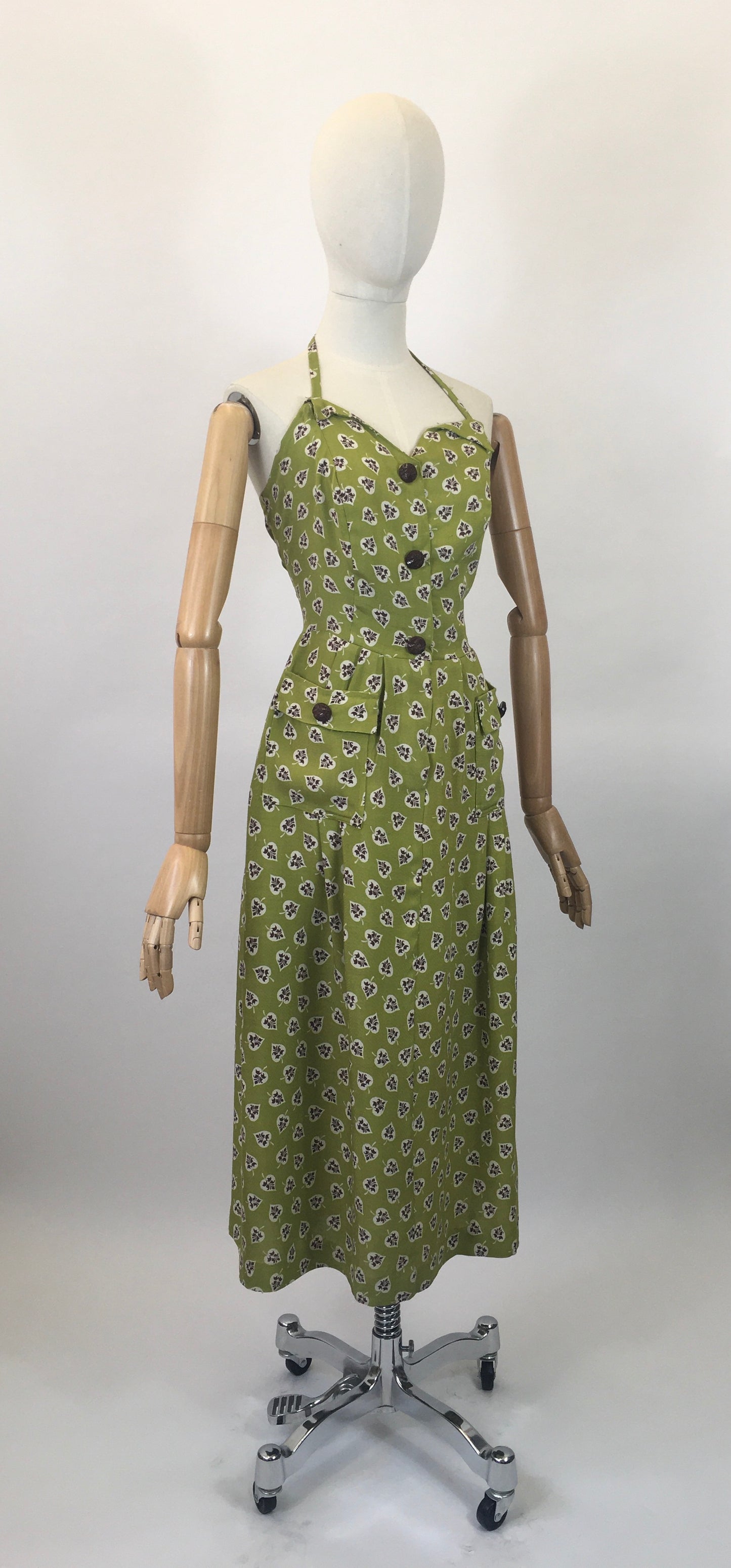Original 1940’s Moygashel Linen Sundress -in Chautreuse / Cream and Brown