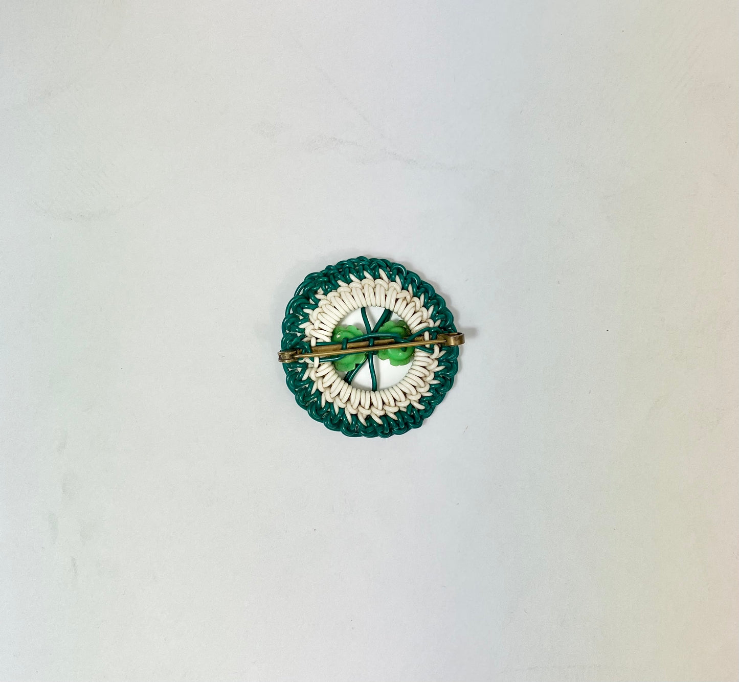 Original 1940's Make Do & Mend Cord Brooch - Jade Green / White