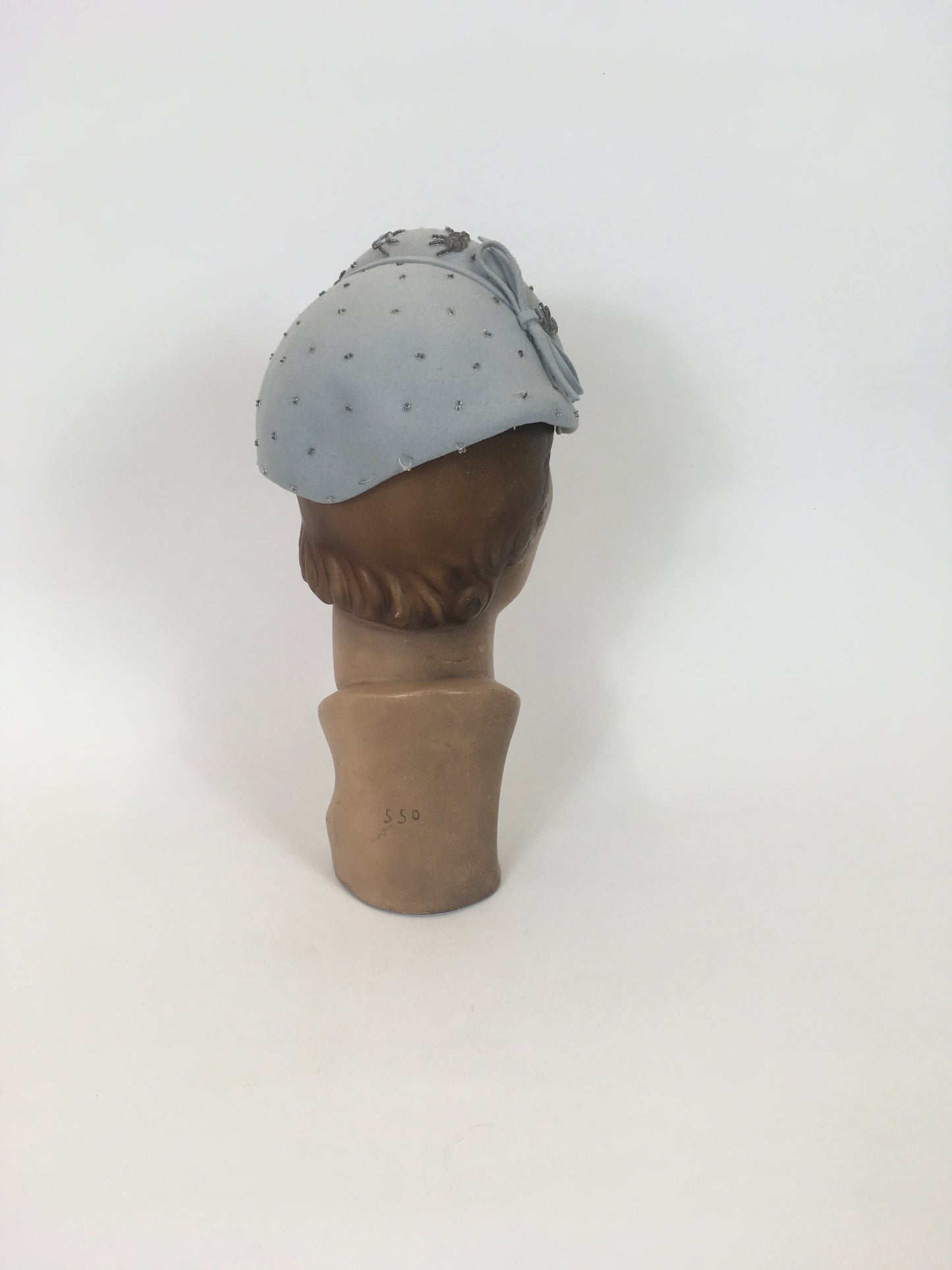 Original 1950s Darling Felt Headpiece - In A Pale Blue With Beadwork