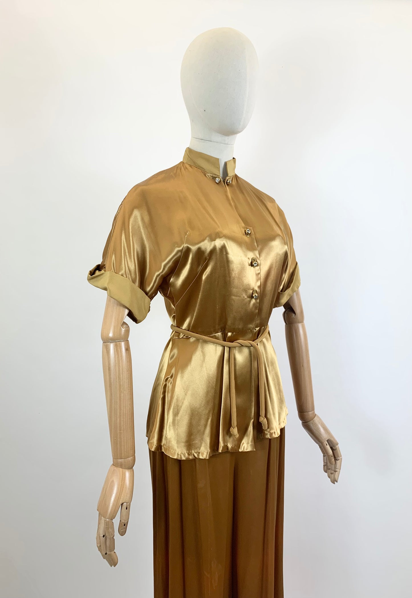 Original 1940's Sublime 3pc Pant Suit in an Old Gold Silk Rayon oozing Old Hollywood Glamour