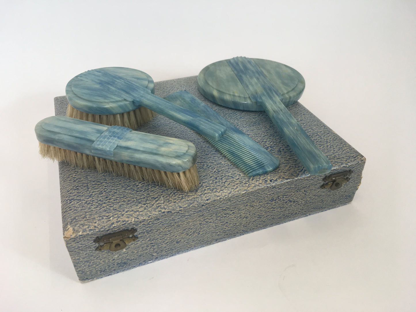 Original early 50’s Phenolic Dressing Table Set - In Mottled Deco Blue In Original Box