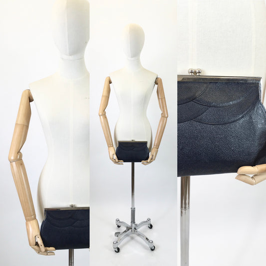 Original 30s Art Deco Clutch - Navy on a silver tone frame