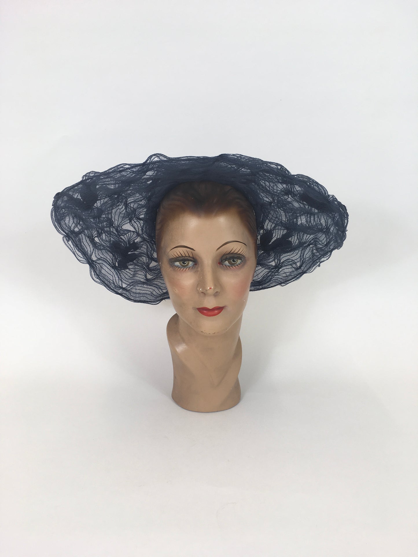 Original Early 1950’s Platter Hat - In A Sheer Navy with Velvet Ribbon Bows
