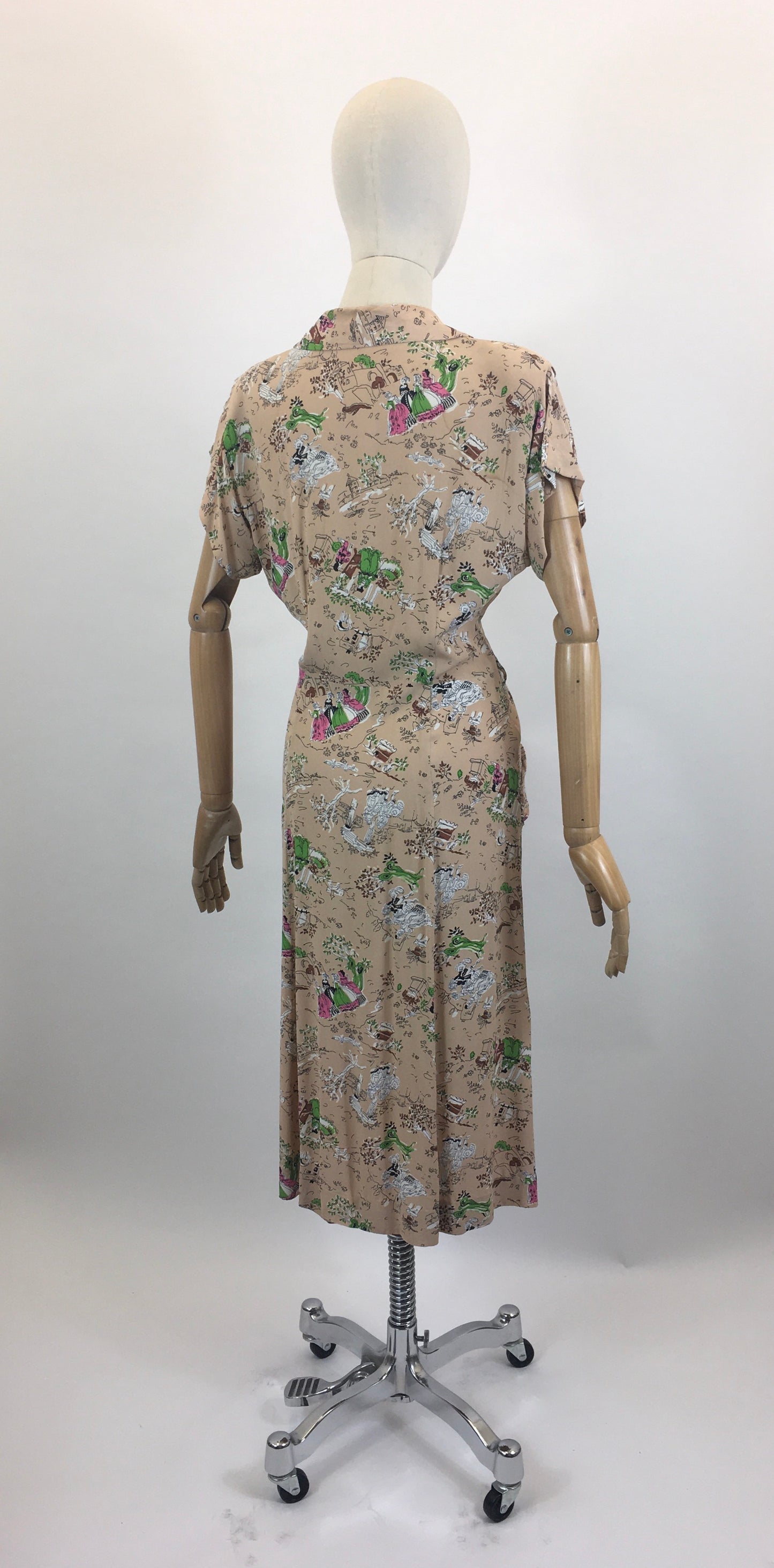 Original 1940's Beautiful Novelty Print Dress -  characters and buildings