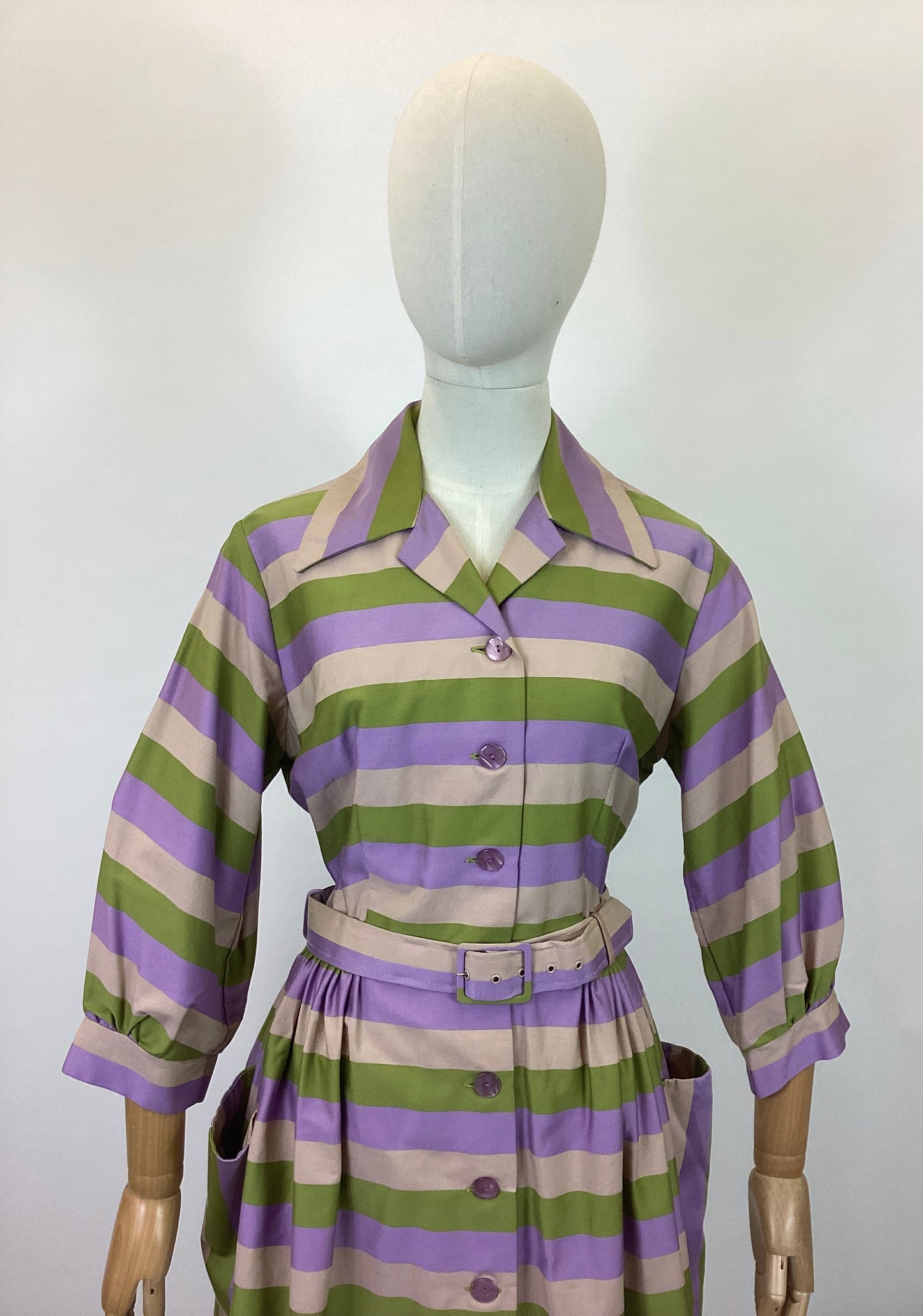 Original 1950’s Beautiful Shirtwaister dress - striped lilac, green and mushroom colourway