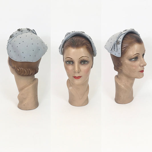 Original 1950s Darling Felt Headpiece - In A Pale Blue With Beadwork
