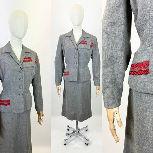 Original 1940’s Fabulous 2pc suit - in Grey with Red accent detailing
