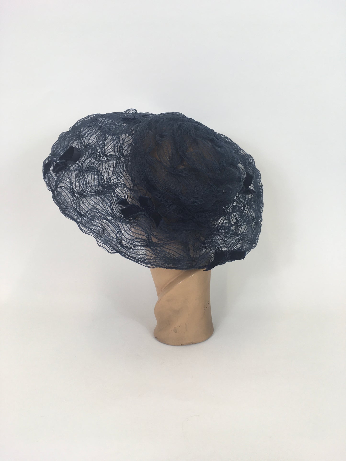 Original Early 1950’s Platter Hat - In A Sheer Navy with Velvet Ribbon Bows