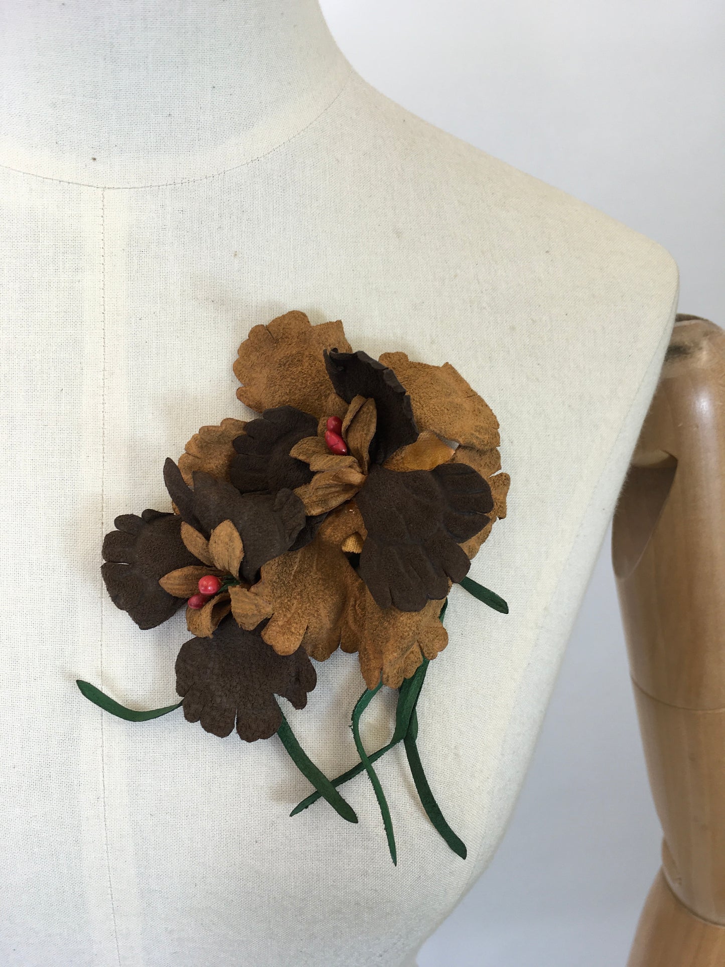 Original Made Do & Mend Leather/suede Corsage - in 2 tone browns with red berries