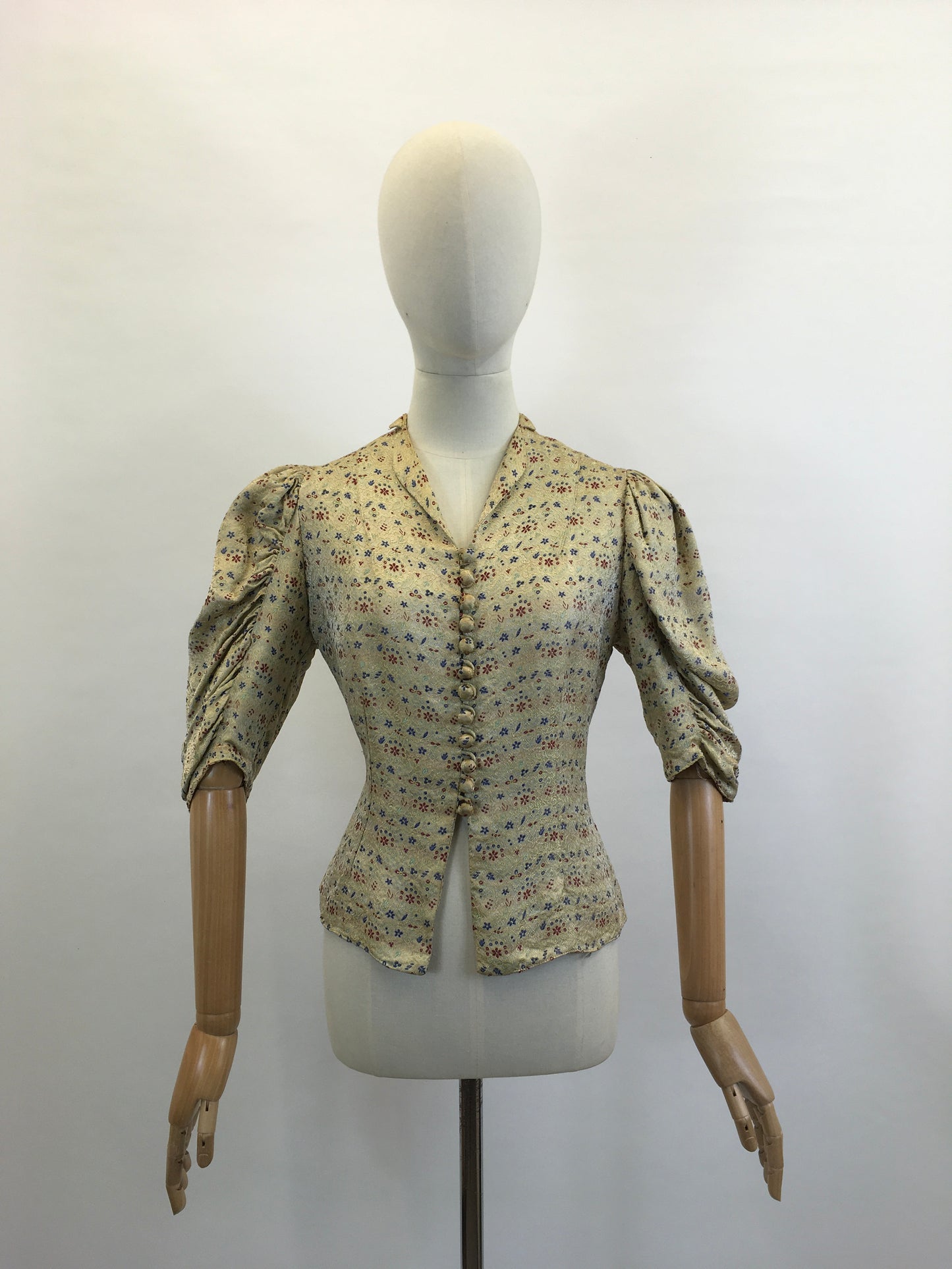 Original 1930’s Fabulous Blouse - Burgundy / Airforce Blue flowers on a bed of Gold.