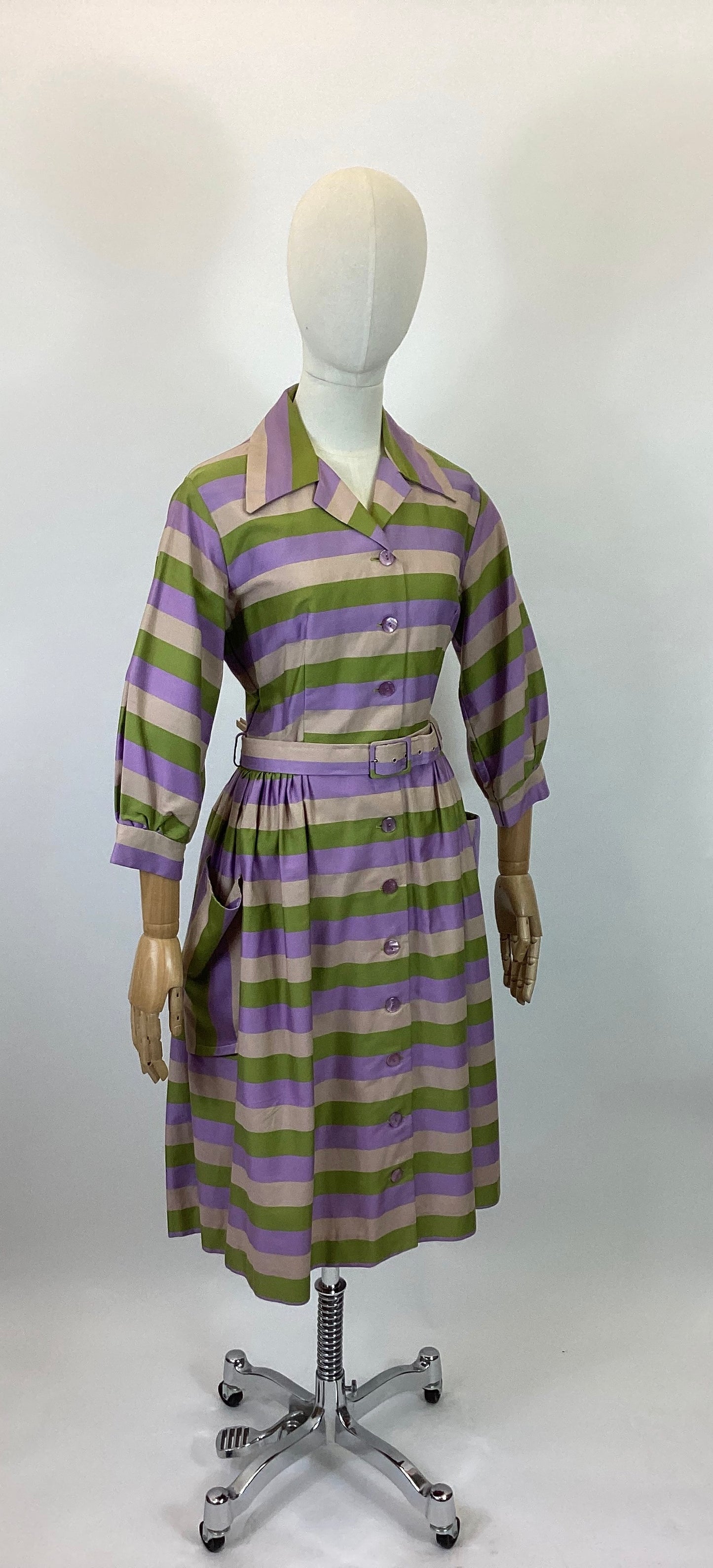 Original 1950’s Beautiful Shirtwaister dress - striped lilac, green and mushroom colourway