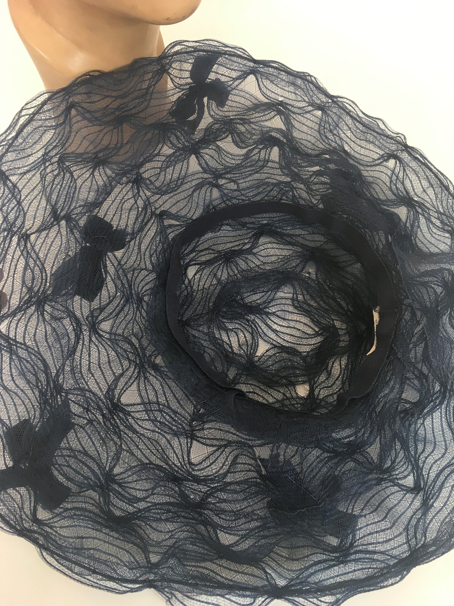 Original Early 1950’s Platter Hat - In A Sheer Navy with Velvet Ribbon Bows