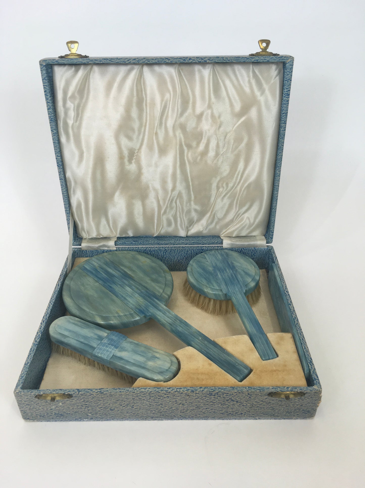 Original early 50’s Phenolic Dressing Table Set - In Mottled Deco Blue In Original Box