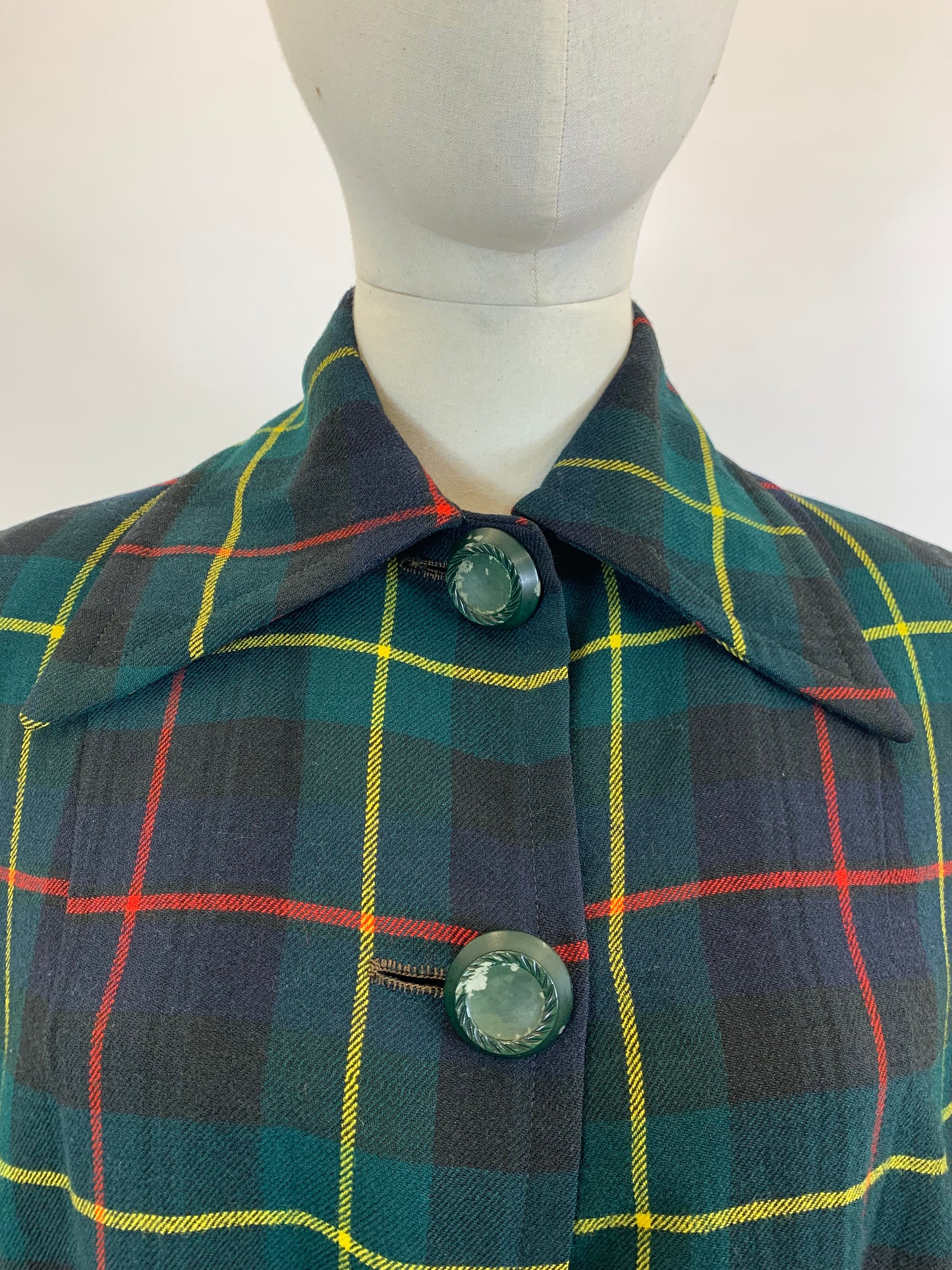Original 1940’s Fabulous Plaid Swing Jacket - predominantly Green plaid with touches of Red and Yellow