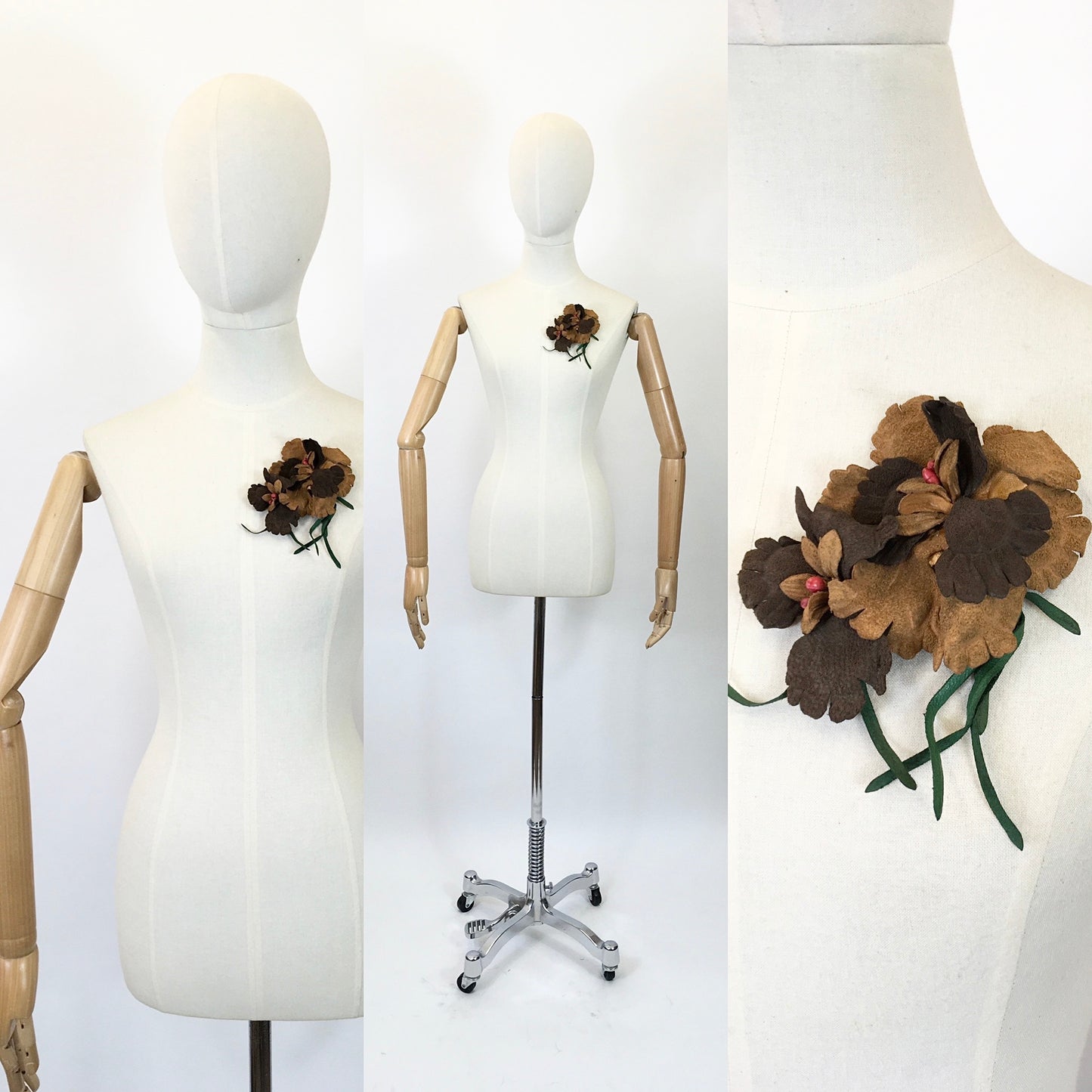 Original Made Do & Mend Leather/suede Corsage - in 2 tone browns with red berries