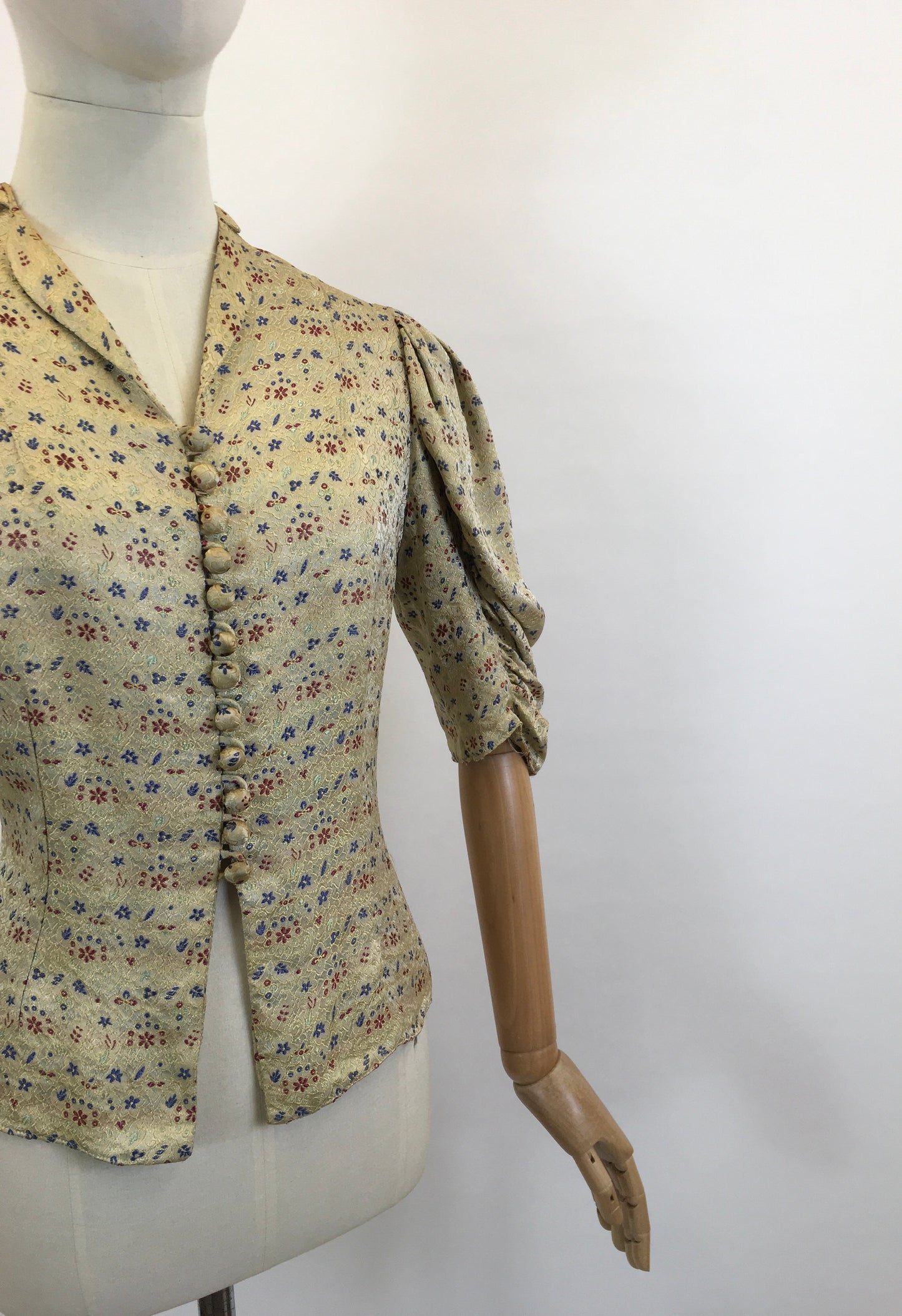 Original 1930’s Fabulous Blouse - Burgundy / Airforce Blue flowers on a bed of Gold.