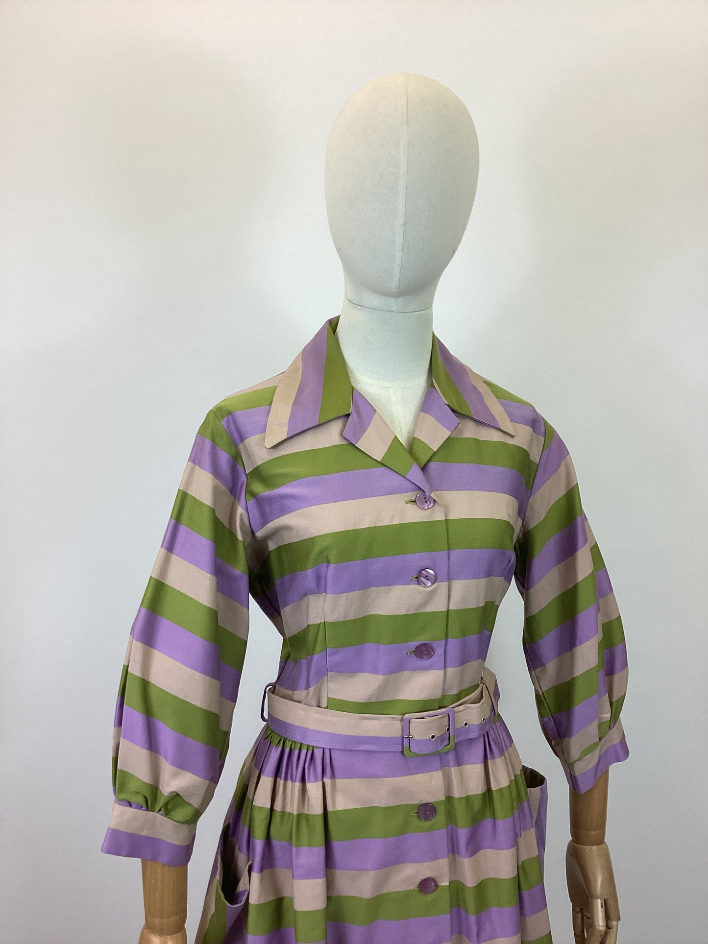 Original 1950’s Beautiful Shirtwaister dress - striped lilac, green and mushroom colourway
