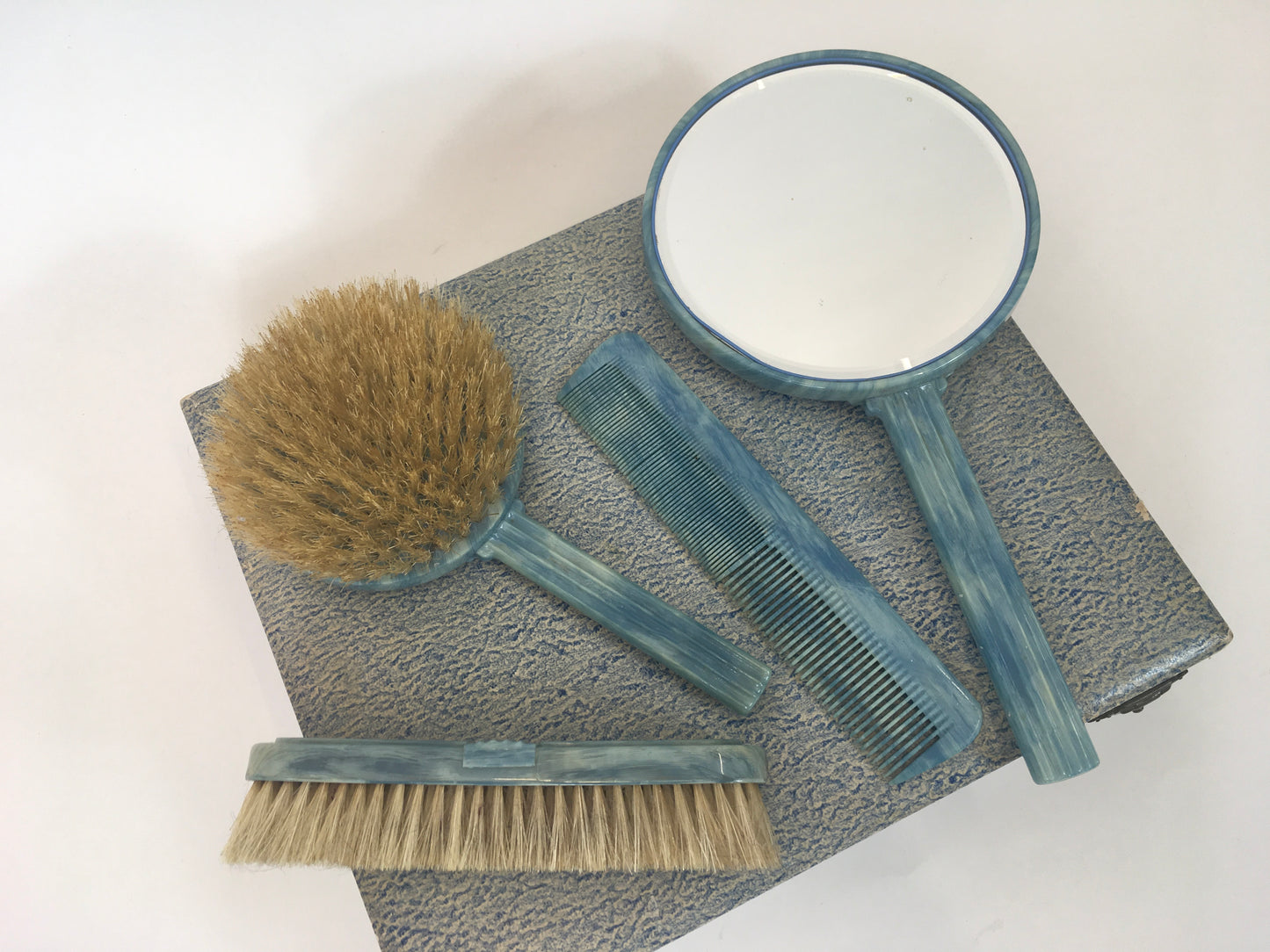 Original early 50’s Phenolic Dressing Table Set - In Mottled Deco Blue In Original Box