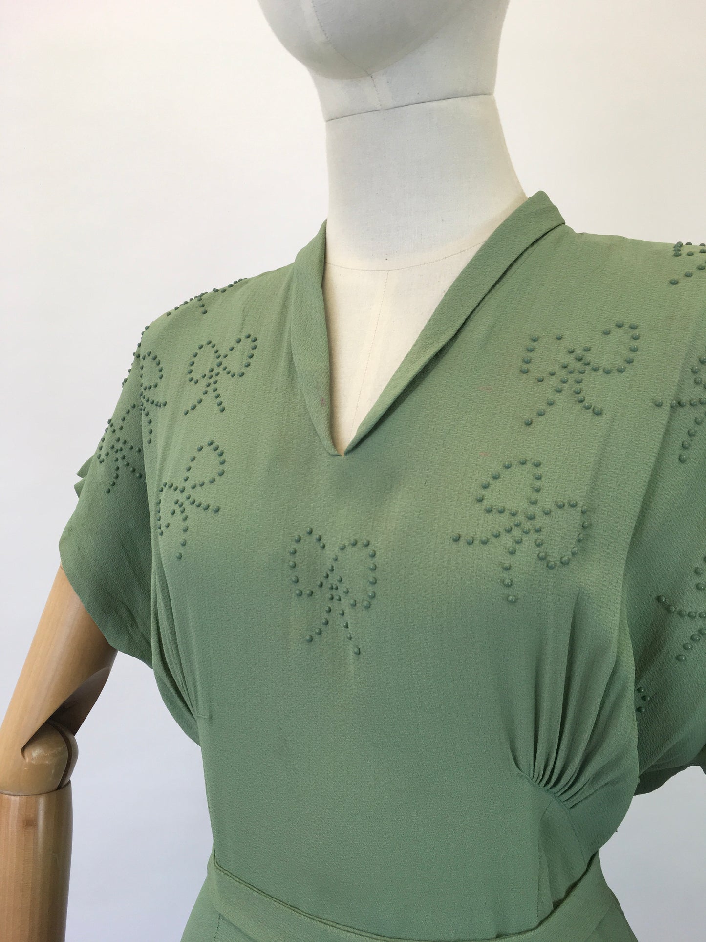 Original 1940s Beautiful Beaded Crepe dress - in a Soft Sage Green colourway