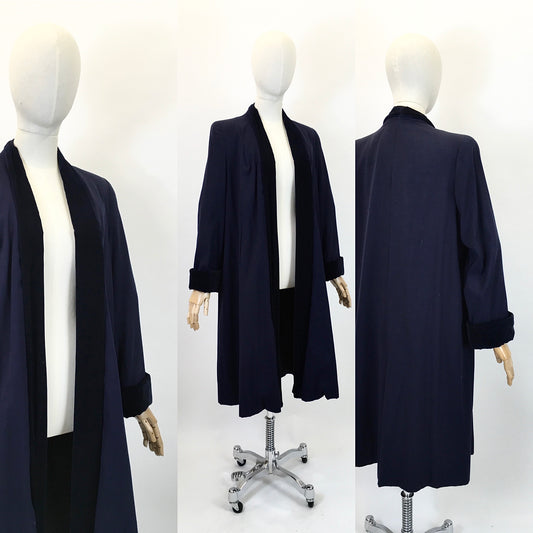 Original 1940’s Beautiful edge to edge swagger coat - Navy with Royal Navy velvet trim