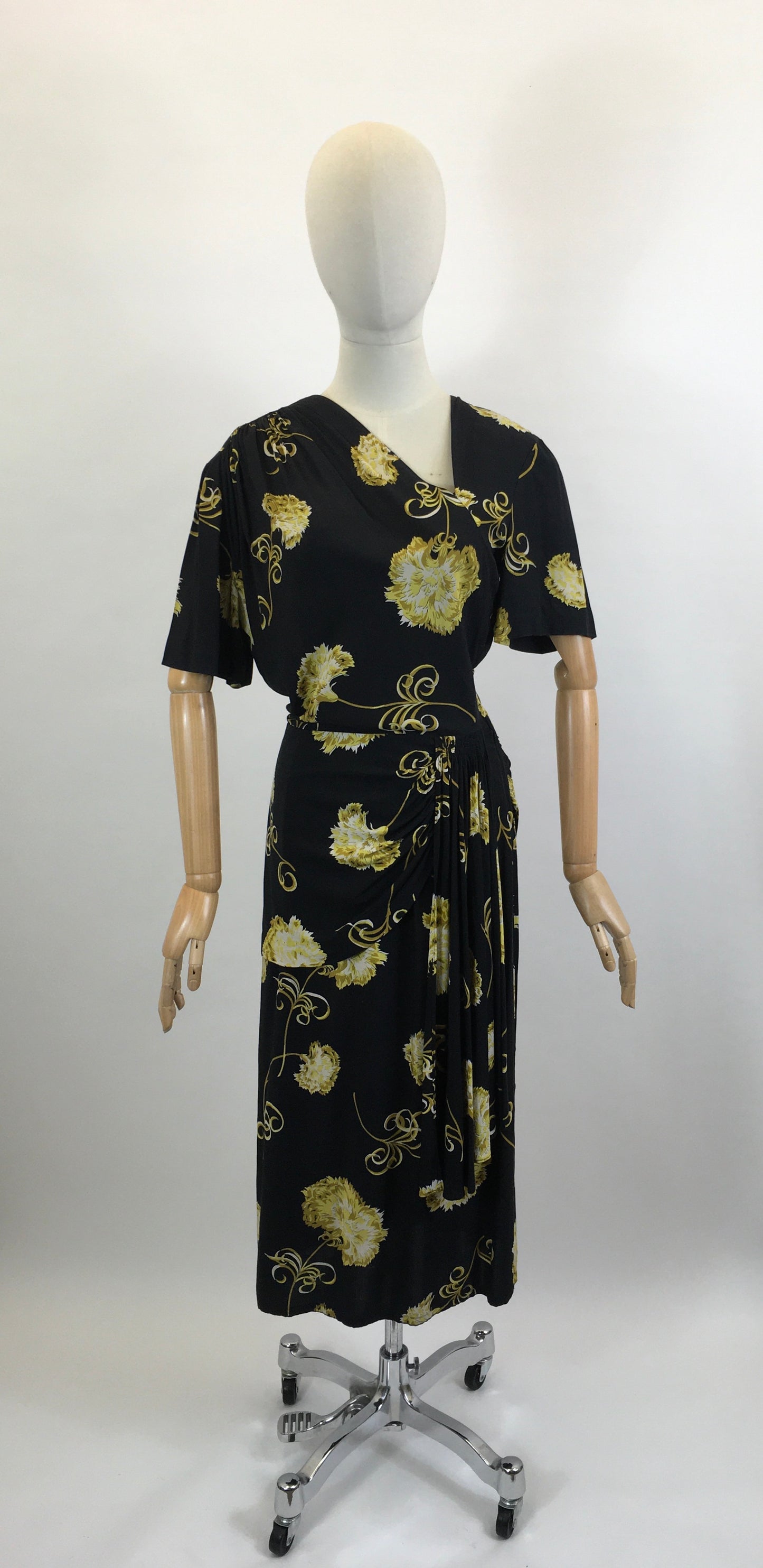 Original 1940's Stunning Floral Rayon dress in tonal golds and stencilled black
