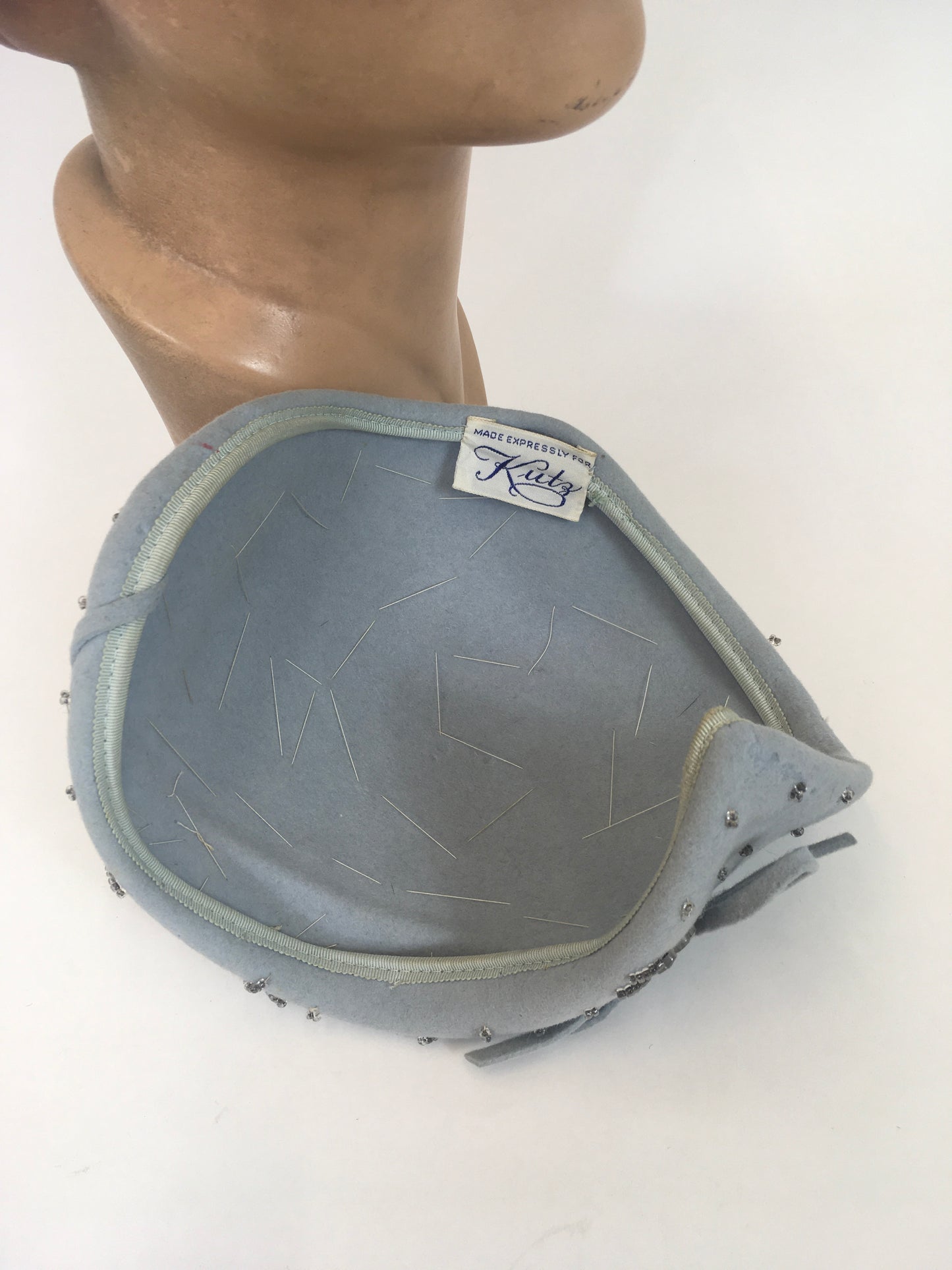 Original 1950s Darling Felt Headpiece - In A Pale Blue With Beadwork