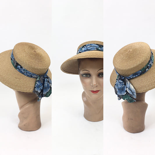 Original 1930’s Gorgeous Natural Straw Hat - Blue floral band