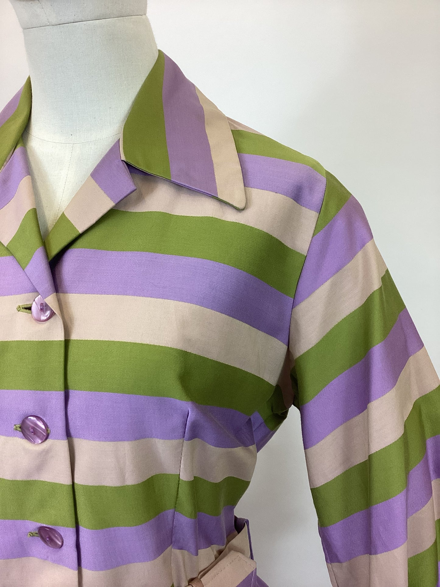 Original 1950’s Beautiful Shirtwaister dress - striped lilac, green and mushroom colourway