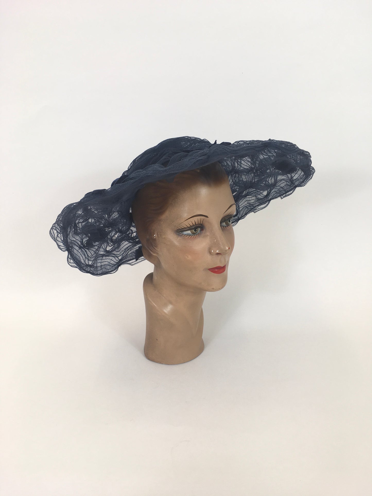 Original Early 1950’s Platter Hat - In A Sheer Navy with Velvet Ribbon Bows