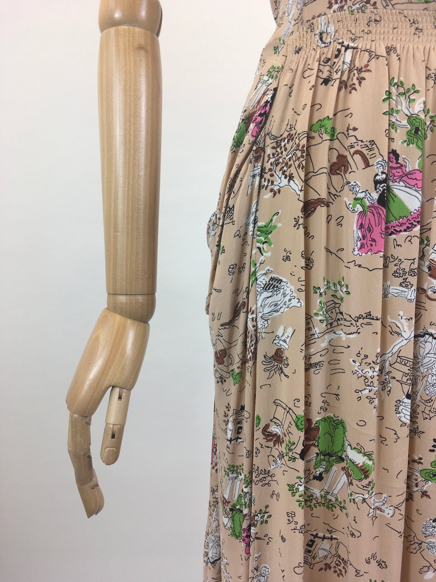 Original 1940's Beautiful Novelty Print Dress -  characters and buildings