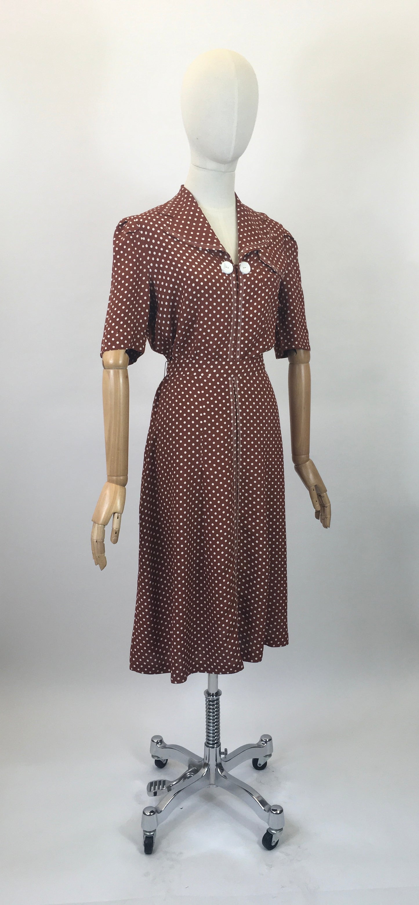 Original 1940s Beautiful Polka Dot Dress - Chestnut Brown with white dots.