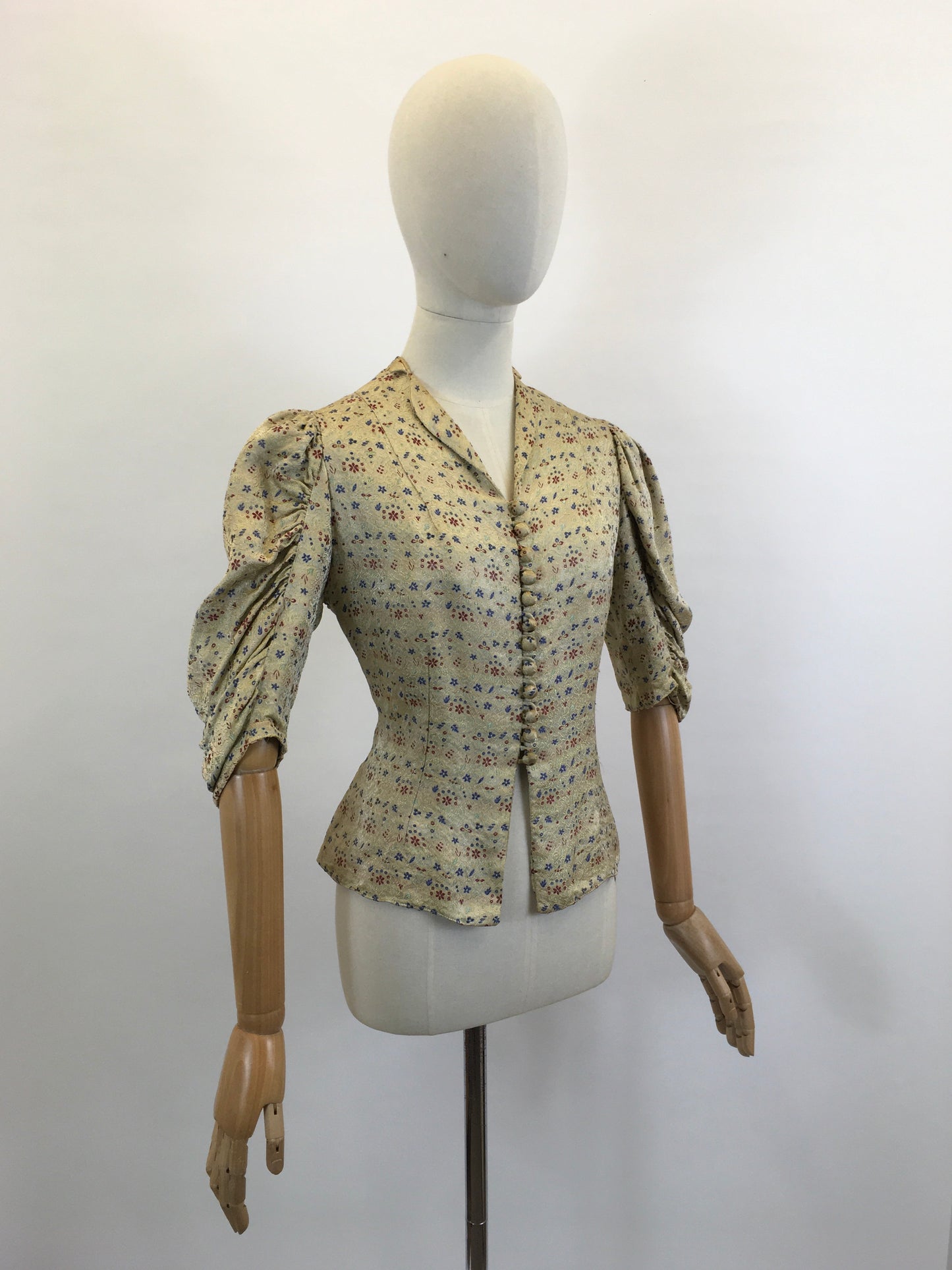 Original 1930’s Fabulous Blouse - Burgundy / Airforce Blue flowers on a bed of Gold.