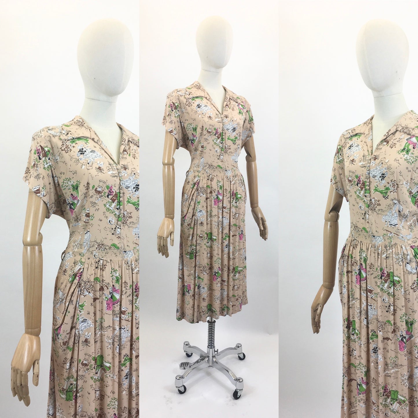 Original 1940's Beautiful Novelty Print Dress -  characters and buildings