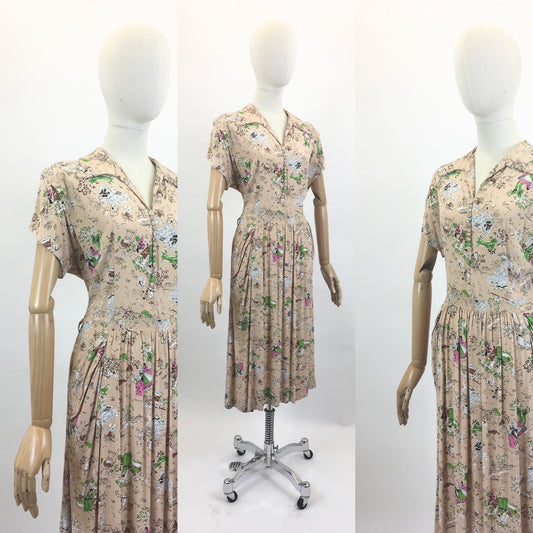 Original 1940's Beautiful Novelty Print Dress -  characters and buildings