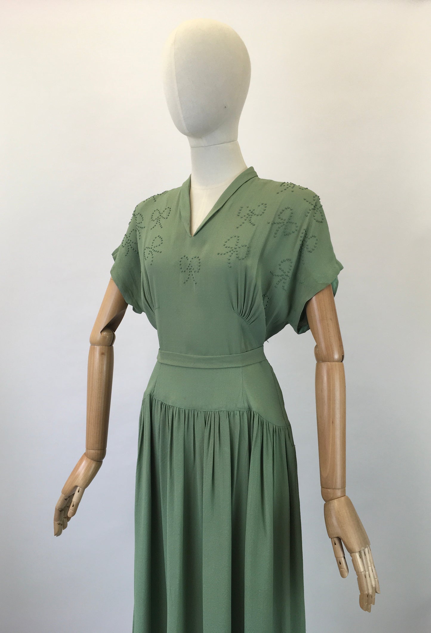 Original 1940s Beautiful Beaded Crepe dress - in a Soft Sage Green colourway