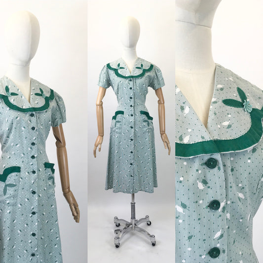 Original 1940’s Beautiful Cotton Day Dress - In A Leaf Print With Appliqué Details