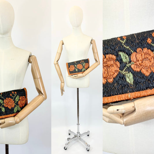 Original 20’s/30’s Raffia clutch - vibrant Orange, Deco Green on Black