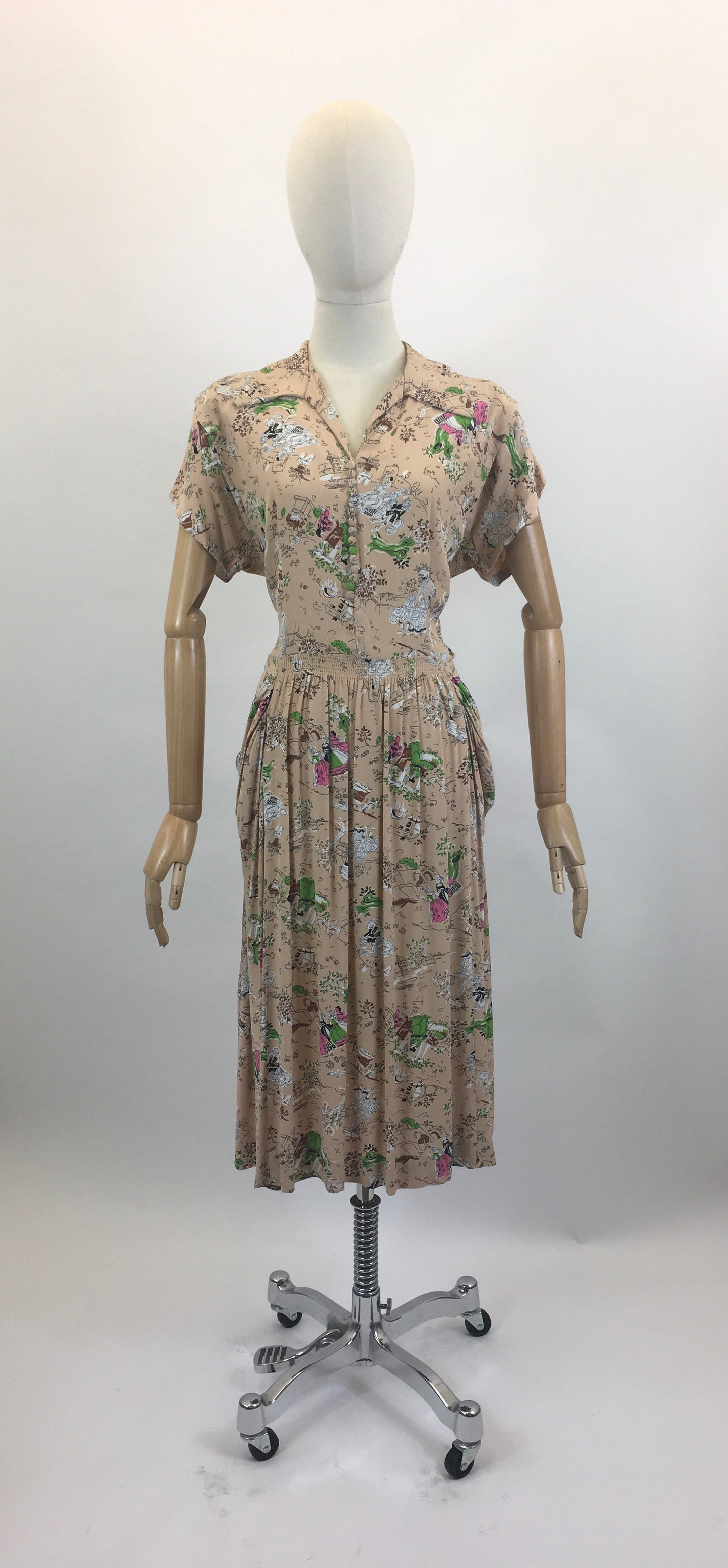 Original 1940's Beautiful Novelty Print Dress -  characters and buildings