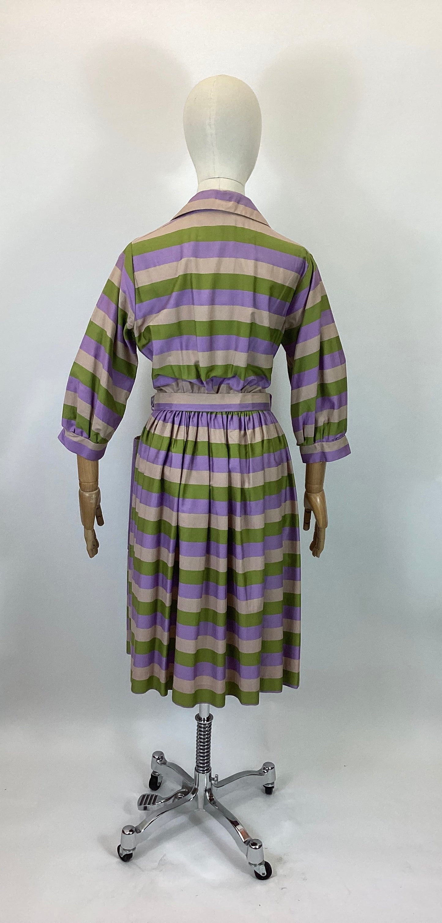 Original 1950’s Beautiful Shirtwaister dress - striped lilac, green and mushroom colourway