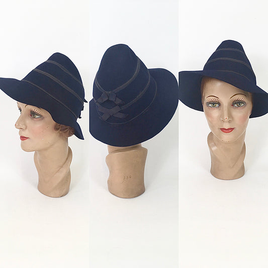 Original 1930’s / 1940’s Fedora Hat with Bow Detailing - In A Deep Navy