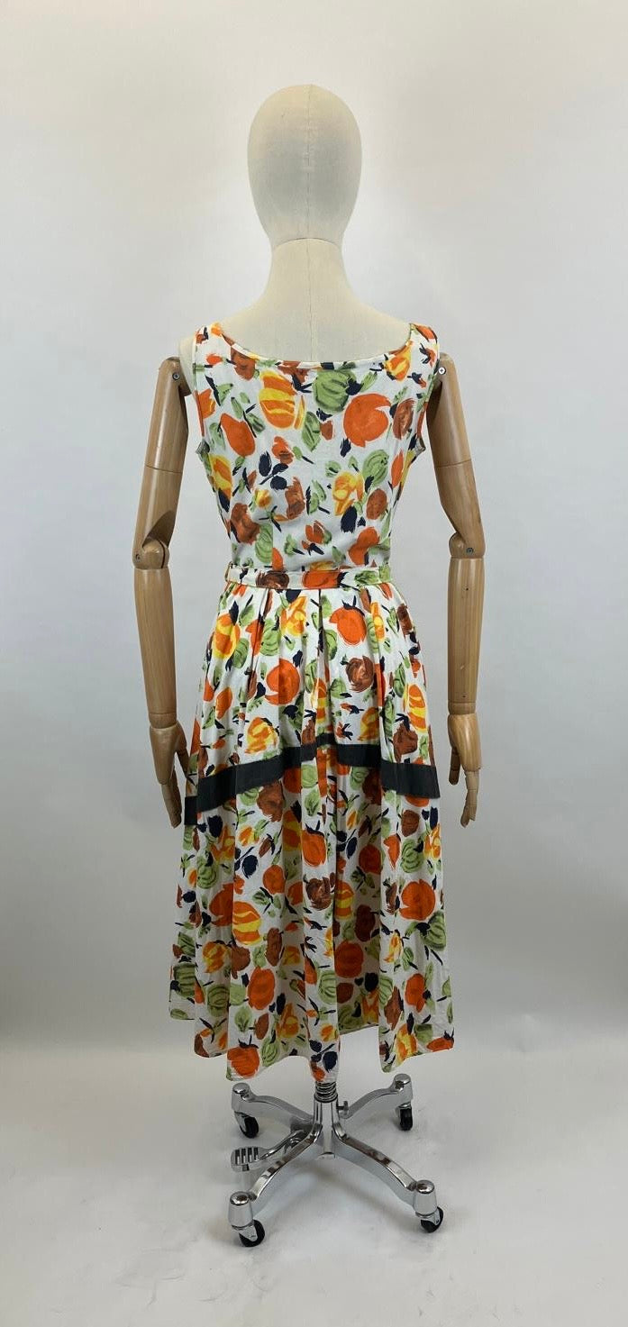 Original 1950's Cotton Sundress - Orange, Green, Cinnamon florals.
