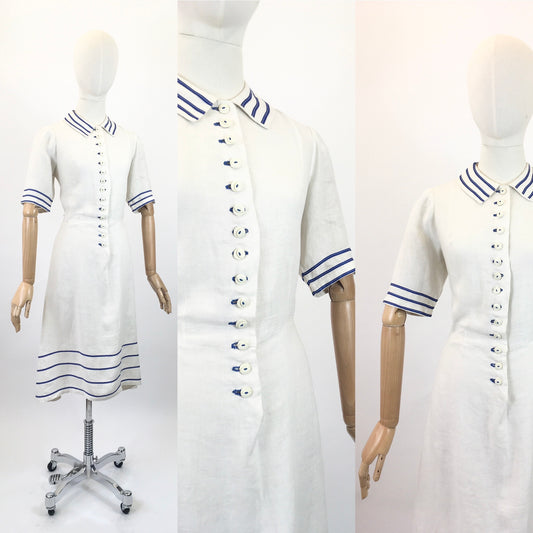 Original early 30’s Linen dress - White with contrast Blue Detailing.