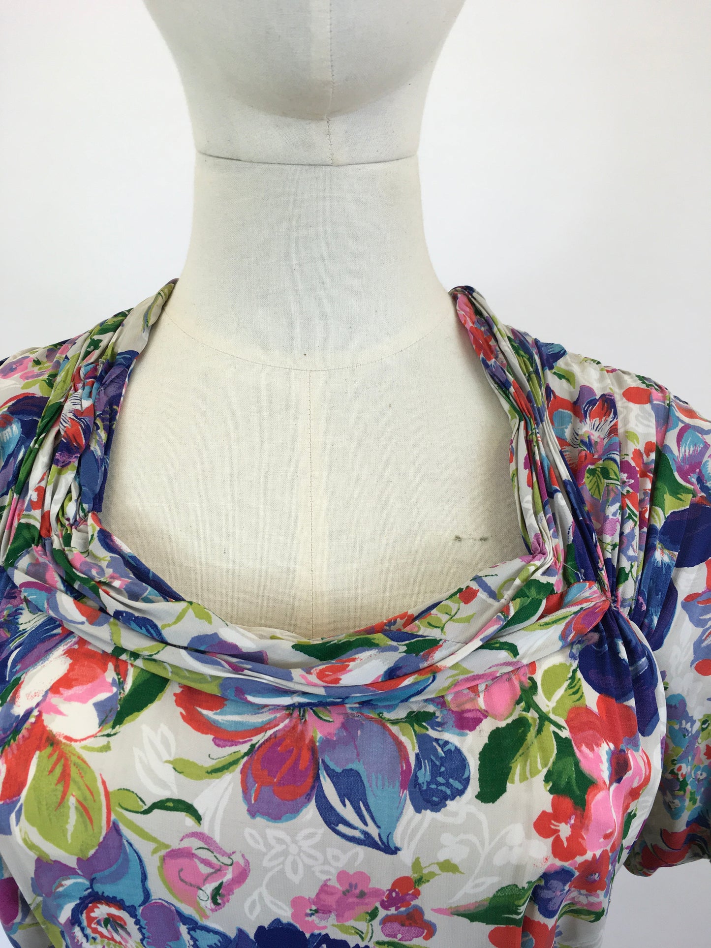 Original 1940’s Beautiful Floral Dress - Multicoloured of Blues, Corals, Fuschia Pink, Mauve and Teal